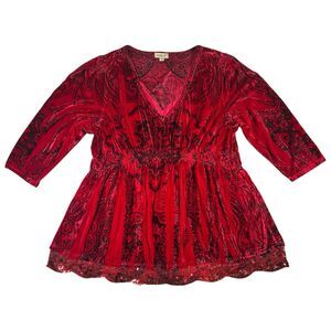 One World Red Velvet Top Womens Sz 2X Peasant Blouse Sequins Whimsigoth Romantic